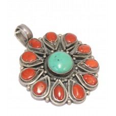 Handmade Pendant 925 Sterling Silver Natural Turquoise Coral Gem Stones A 20